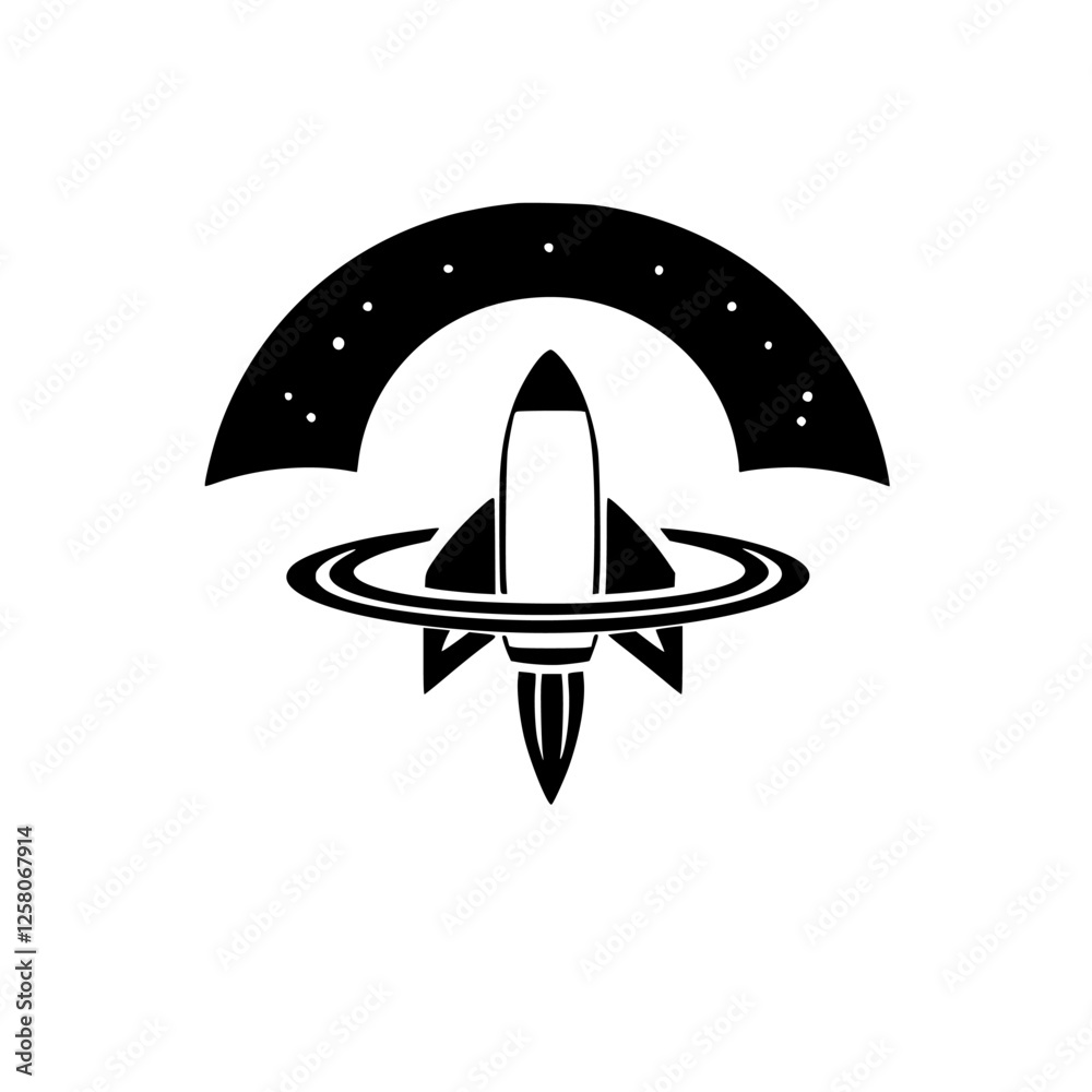 Fototapeta premium Abstract:A stylized image of a rocket ascending through the black-space void, with stars in the sky. The image shows a minimal representation with a spacecraft motif. Keywords. Rocket, Space, Launch
