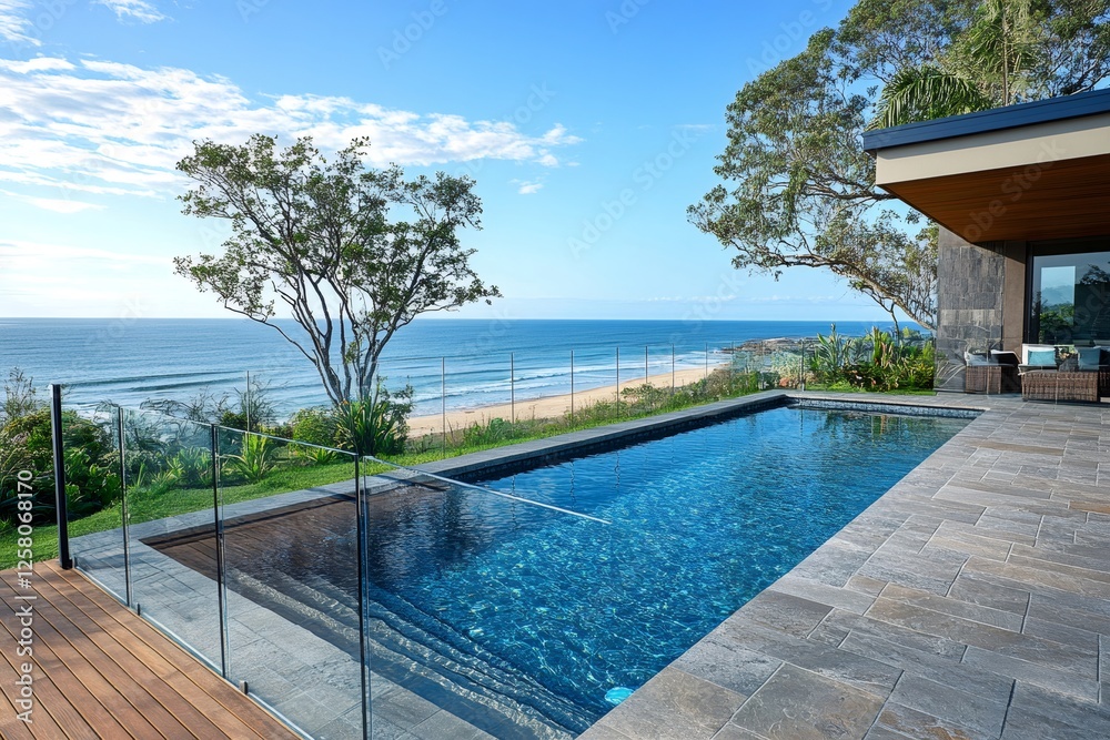 Modern infinity pool overlooking tranquil ocean and sandy beach Modern infinity pool overlooking tranquil ocean and sandy beach