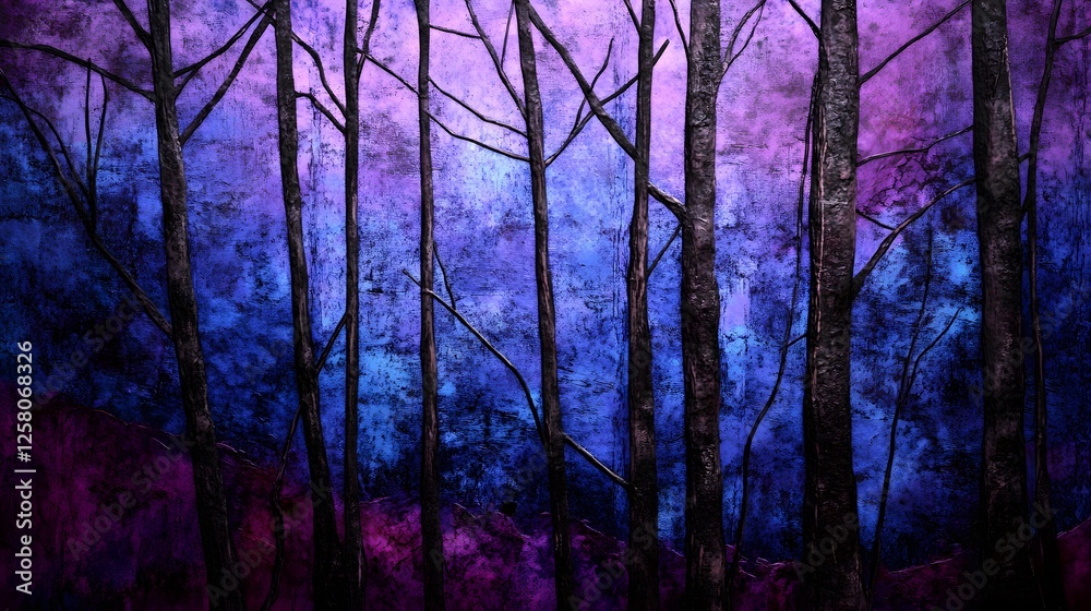 Abstract Purple Blue Forest Trees Night Painting Artwork