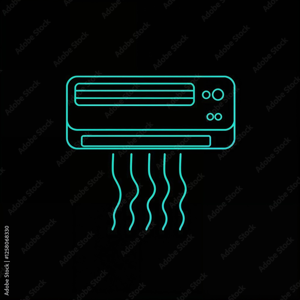Simple, turquoise line art of a wall mounted air conditioner icon on a black background, wavy lines extending down from the bottom of the unit symbolizing air flow. Simple, turquoise line art of a wall mounted air conditioner icon on a black background, wavy lines extending down from the bottom of the unit symbolizing air flow.