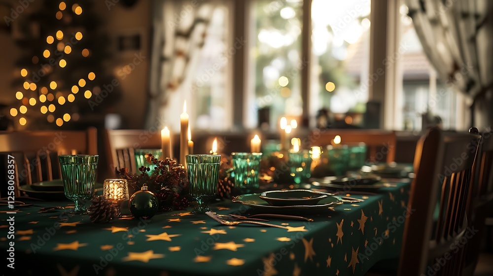 Cozy Christmas Dinner Table Setting with Candles and Festive Decorations, Holiday Celebration, Warm Ambiance Cozy Christmas Dinner Table Setting with Candles and Festive Decorations, Holiday Celebration, Warm Ambiance