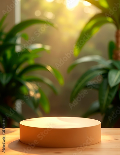 Wooden podium in farm display for food, perfume, and other products with nature background, morning sunlight