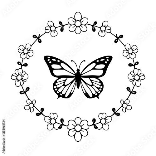 Intricate butterfly inside a floral frame. Black and white illustration of butterfly.