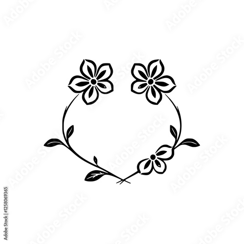 Simple illustration of a floral wreath in black and white against a white background, showcasing a minimalist design.