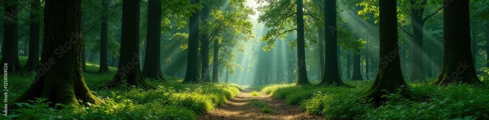 Fototapeta premium Overgrown coniferous forest with deciduous trees, woodland, natural scenery, coniferous trees