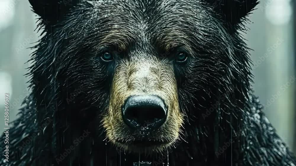 Majestic black bear standing in rainy forest with wooden cross in foreground