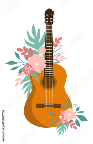 Illustration acoustic guitar with delicate flowers and leaves. A gentle and romantic illustration.Vector illustration