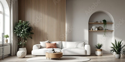 Modern living room design  sunlight  plants  wooden wall