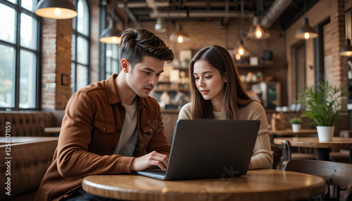 Two young coffee shop workers, a male and female, sitting side by side in a stylish café, focused on their laptop as they plan their business strategy, with warm lighting and a creative atmosphere. photo