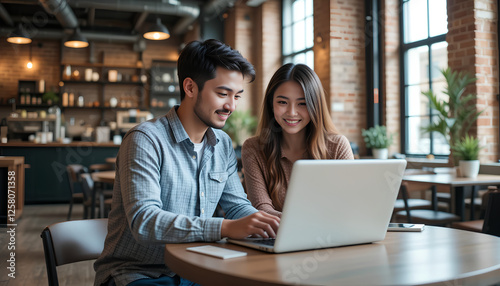 Two young coffee shop workers, a male and female, sitting side by side in a stylish café, focused on their laptop as they plan their business strategy, with warm lighting and a creative atmosphere. photo