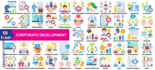 "Corporate Development" icon collection set. Growth Strategy, Market Analysis, Business Plan, Strategic Partnership, Competitive Advantage icon. Simple flat vector.
