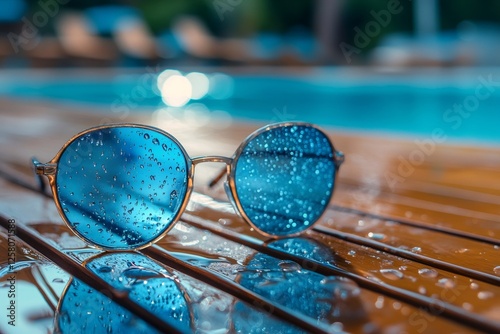 Blue sunglasses resting on wet poolside deck reflecting summer vibes photo