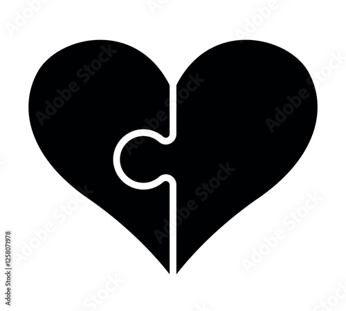 heart symbol composed of two puzzle pieces, vector silhouette illustration of two halves of a heart shape isolated on white