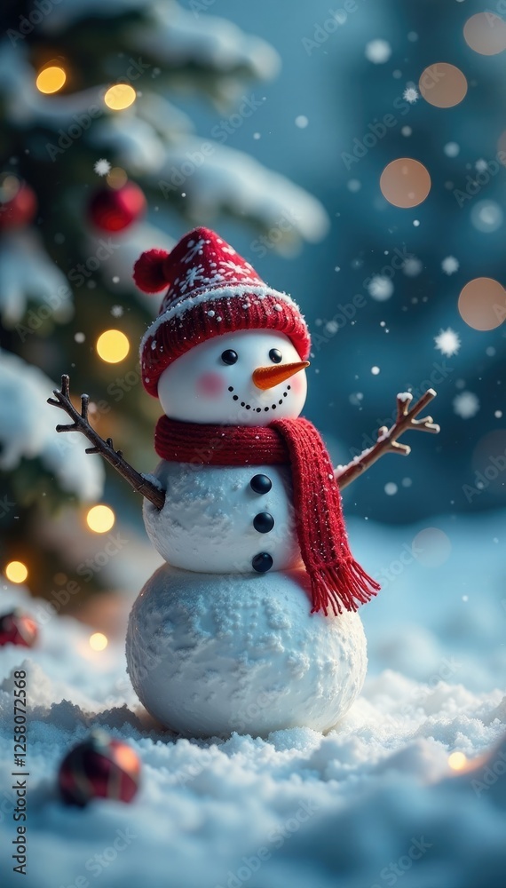 Fototapeta premium Snowman and snowflakes in a winter wonderland scene, festive, winter