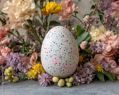 Speckled Easter Egg Nestled in Spring Flowers photo