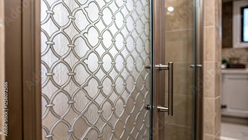 A closeup detailing the patterned surface of a frosted shower door highlighting its ability to create a stylish barrier while maintaining a sense of openness in the bathroom.