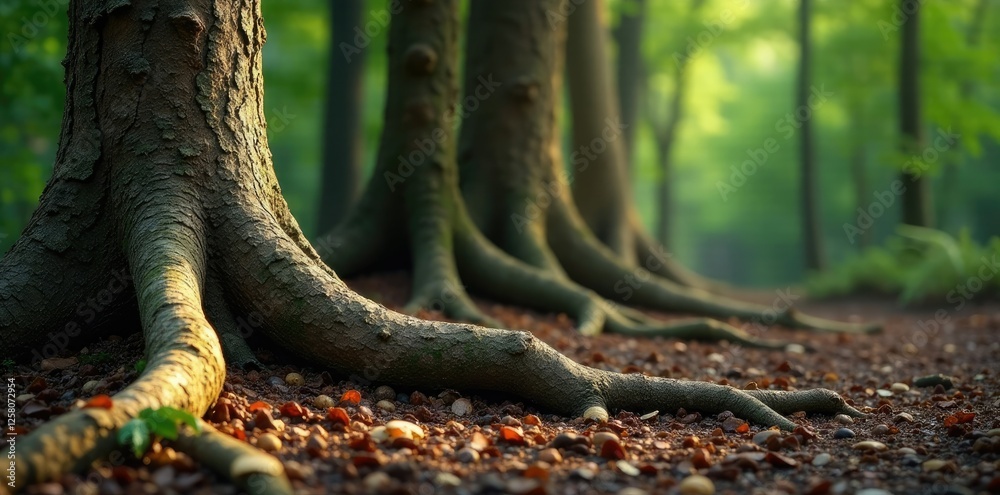 Tree trunks with rugged bark and twisted roots, wood textures, tree roots
