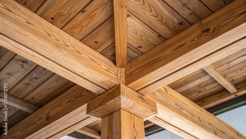 A closeup focus on the intricate joinery of two wooden beams meeting at a right angle highlighting the craftsmanship and attention to detail in the ceiling design.