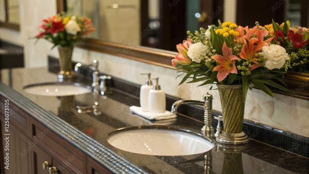 A closeup image of a bathroom vanity beneath an antiglare mirror focusing on the stylish decor and fresh floral arrangements. A closeup image of a bathroom vanity beneath an antiglare mirror focusing on the stylish decor and fresh floral arrangements.