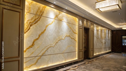 A closeup of a backlit onyx accent wall with gentle gradients of gold and cream creating a stunning focal point that enhances the rooms overall design.