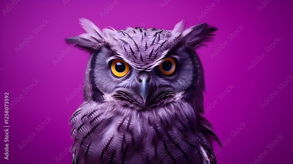 Fototapeta premium Majestic Owl Portrait Intense Gaze Purple Background Wildlife Photography