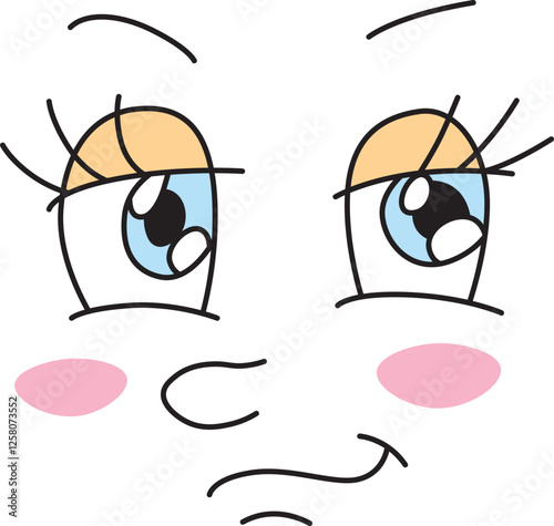 face expressing confidence half-open shiny blue eyes with eyelashes smirk on face and rosy cheeks