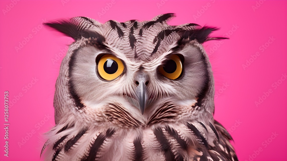 Obraz premium Majestic Spotted Eagle Owl Close Up Portrait on Vibrant Pink Background