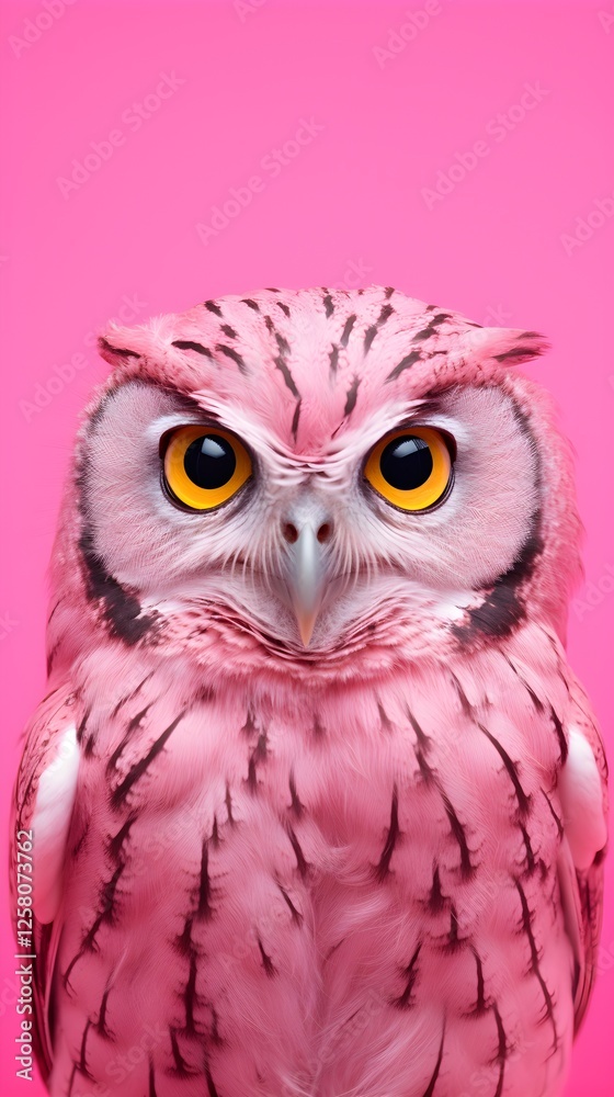 Fototapeta premium Pink Owl Portrait Striking Bird Closeup on Pink Background Unique Avian Photography