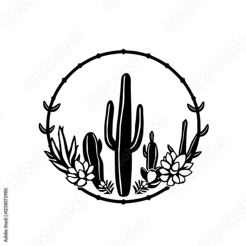 Ornamental Cacti: A black-and-white logo design featuring various cacti of different sizes with cacti and floral designs forming a circular pattern.