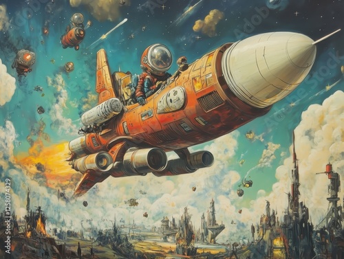 Illustratio of Retro Rocket spaceship Adventure exploration fantasy
