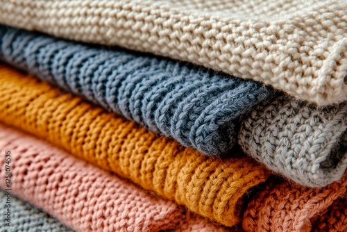Detailed shot of knitted wool fabric in warm tones.