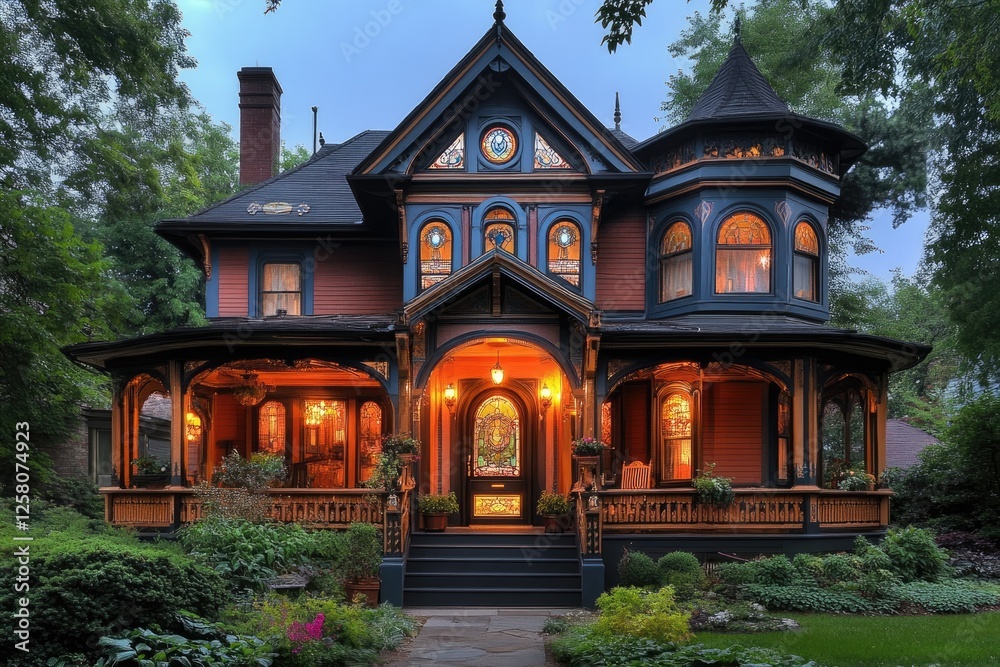 Victorian era house exhibiting intricate architecture and stained glass at twilight Victorian era house exhibiting intricate architecture and stained glass at twilight