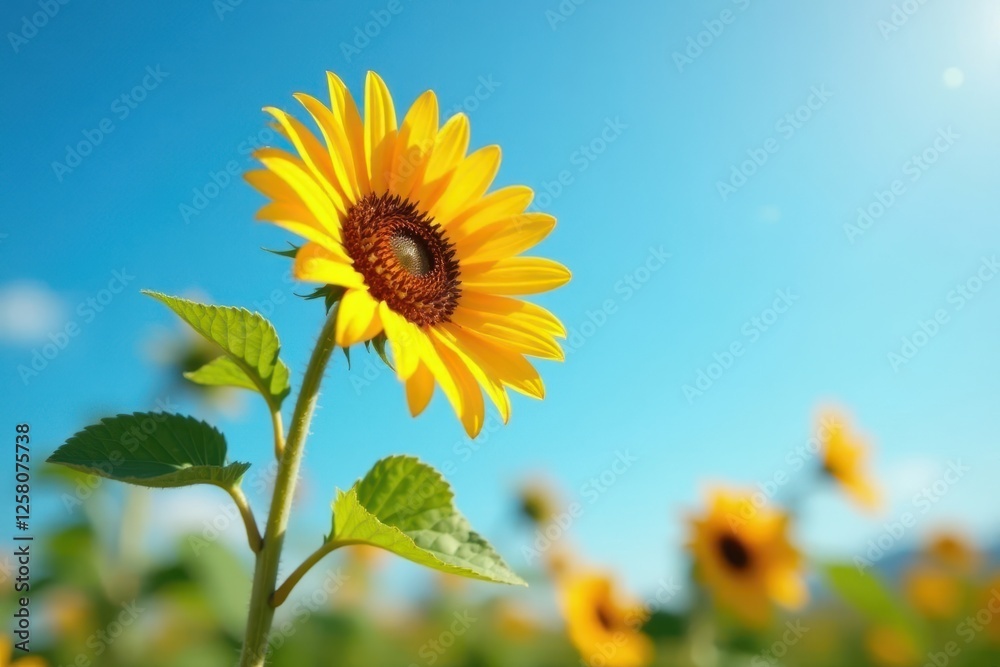 Single sunflower against clear blue sky, sunny day, sky, outdoor Single sunflower against clear blue sky, sunny day, sky, outdoor