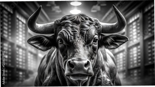 Bull in Black and White – Stock Market Symbolism photo