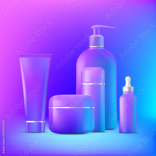 Beauty product packaging and bottles templates. On neon background. Vector mockup