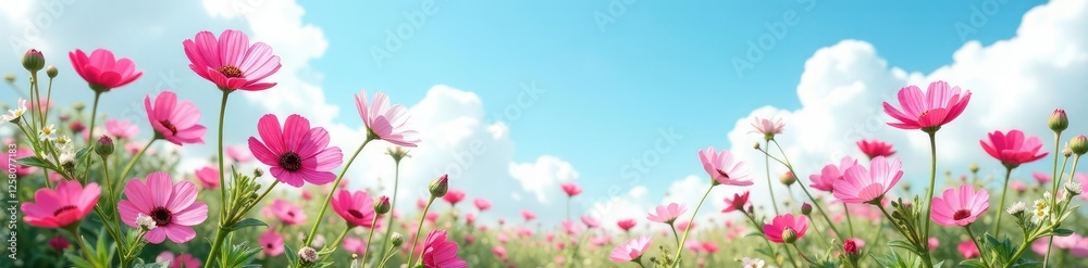 Aubrieta flowers in profusion against pale blue sky, peaceful, sky, flowers in bloom Aubrieta flowers in profusion against pale blue sky, peaceful, sky, flowers in bloom