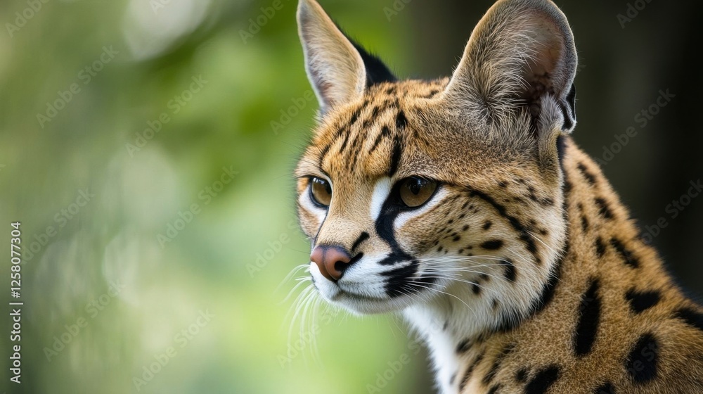 A close-up of a serval cat's face. A close-up of a serval cat's face.