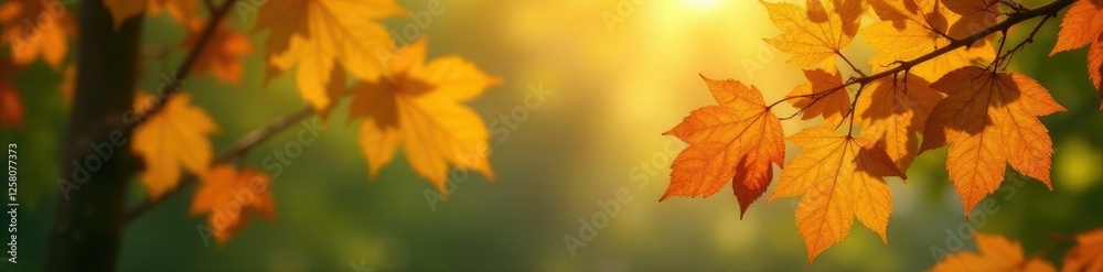 Autumnal leaves and branches in a warm golden light, leafy greens, natural scenery Autumnal leaves and branches in a warm golden light, leafy greens, natural scenery