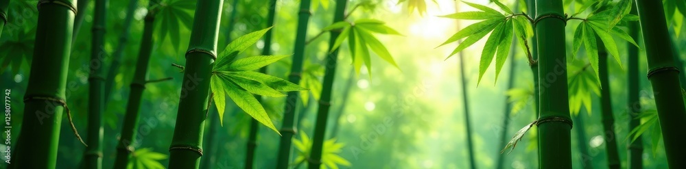 Obraz premium Bamboo stalks swaying in gentle rainforest breeze, lush, wind, green
