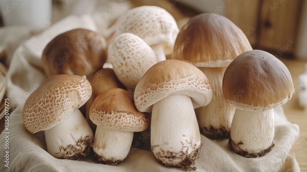 Freshly harvested mushrooms on a cloth with a rustic wooden background in a cozy kitchen setting. Mushrooms harvest. Variety of freshly harvested mushrooms in a rustic kitchen, homey atmosphere Freshly harvested mushrooms on a cloth with a rustic wooden background in a cozy kitchen setting. Mushrooms harvest. Variety of freshly harvested mushrooms in a rustic kitchen, homey atmosphere