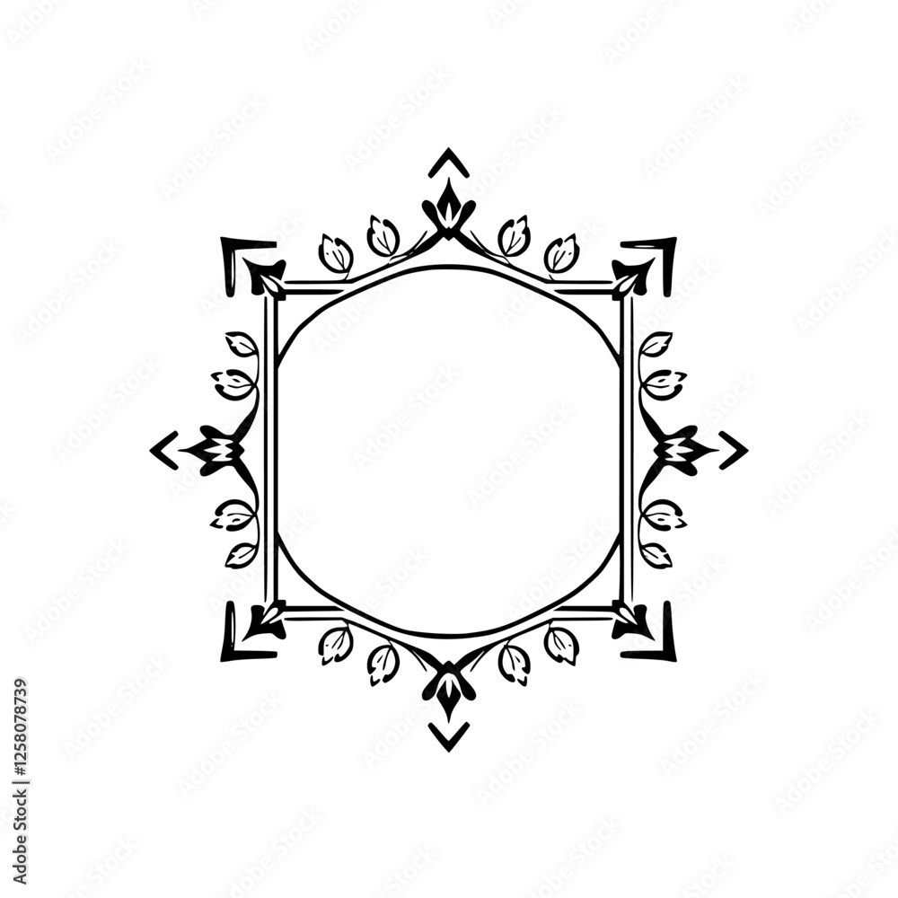 Ornamental Square Frame with Floral Details and Arrow-shaped accents in black, white, and negative space. Ornamental Square Frame with Floral Details and Arrow-shaped accents in black, white, and negative space.