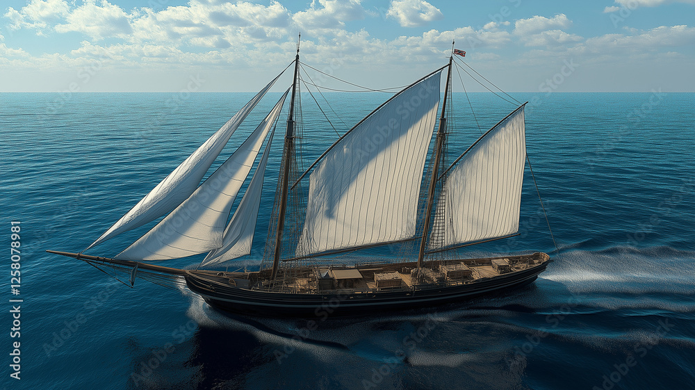 Fototapeta premium traditional sailing ship glides gracefully over calm blue waters, showcasing its large white sails against clear sky. scene evokes sense of adventure and tranquility