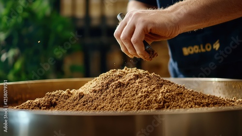 Beer sludge and treatment. A hand measuring spices over a mound of ingredients in a bowl. photo