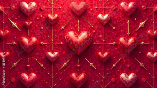 Hearts, arrows, and circles symmetrically placed in a grid with rich crimson as the backdrop and metallic highlights adding a contemporary flair