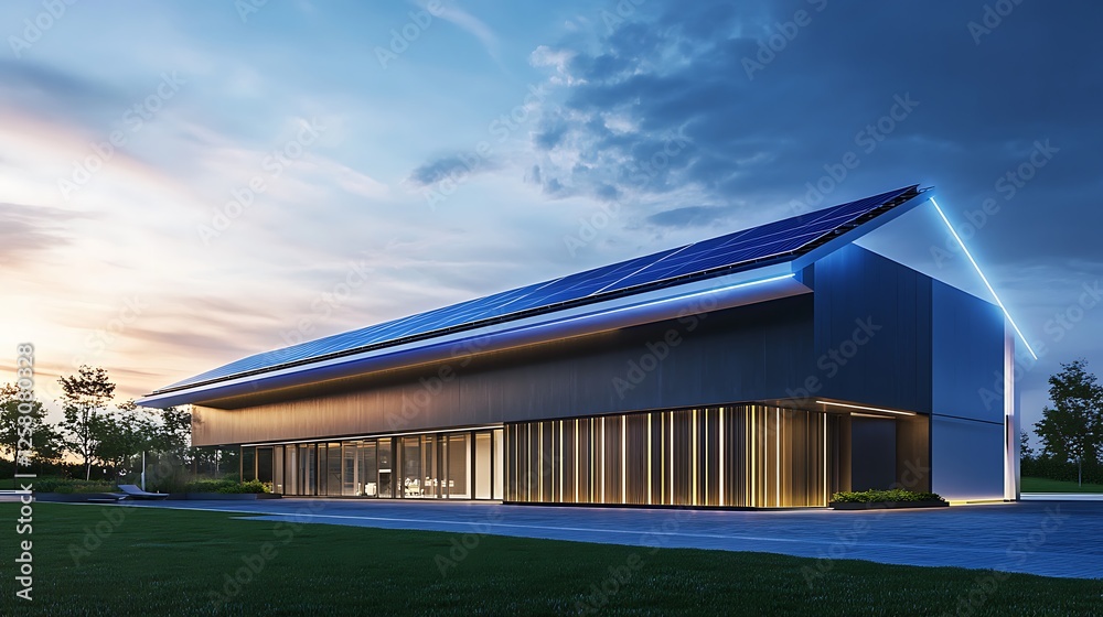 Obraz premium Futuristic sustainable house with solar panels and modern architecture, eco-friendly smart home
