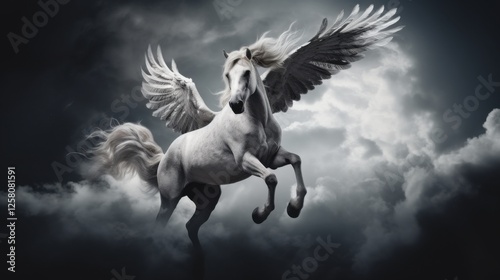 photograph of Flying in the clouds, isolated pegasus on dark background, with faint smoke