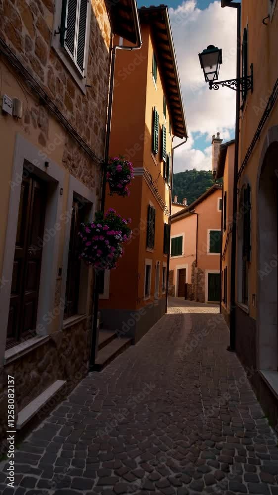 Narrow cobblestone alley in a quaint village, captured from a low angle. Warm tones and soft lighting create a cinematic video feel. Narrow cobblestone alley in a quaint village, captured from a low angle. Warm tones and soft lighting create a cinematic video feel.