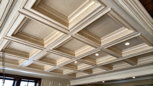 A closeup view of a coffered ceilings intersections where panels meet demonstrating the intricate design and precision ting required in the renovation process.