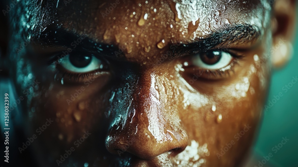 This image presents a striking close-up of a man's face, capturing the intensity of his gaze, accentuated by the shimmering droplets of water reflecting light and emotion.