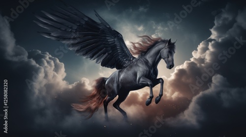 photograph of Flying in the clouds, isolated pegasus on dark background, with faint smoke